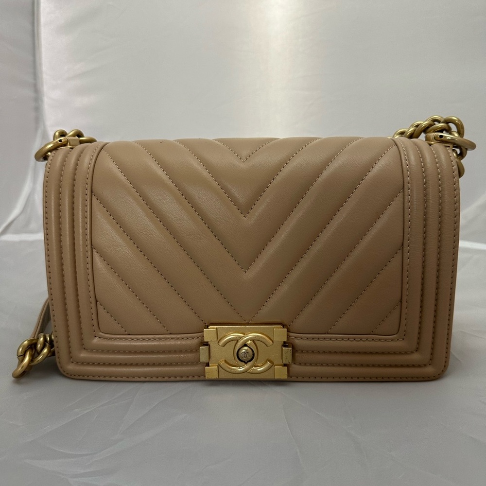 CHANEL Beige Quilted Boy Flap Bag with Gold Hardware